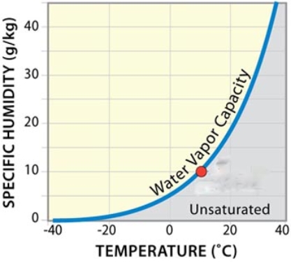 <strong>A parcel of saturated air at 10<font face=symbol></font>C with 10g water vapor/kg of air is heated to 20<font face=symbol></font>C.Which of the following is true?  </strong> A)The air has 10 g water vapor/kg of air and is now unsaturated. B)The air has 10 g water vapor/kg of air and is still saturated. C)The air has 20 g water vapor/kg of air and is now unsaturated. D)The air has 20 g water vapor/kg of air and is now saturated. <div style=padding-top: 35px> 