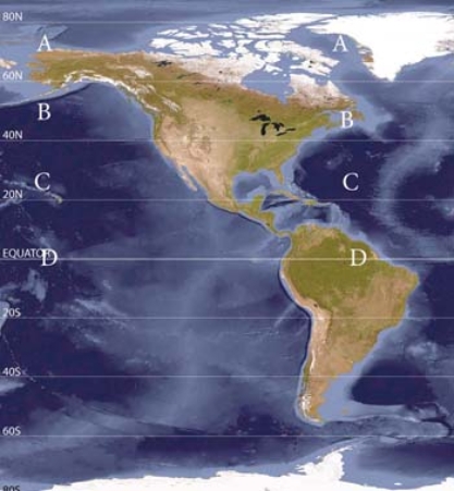 <strong>Which of the following locations would have the lowest specific humidity?  </strong> A)A B)B C)C D)D <div style=padding-top: 35px> 