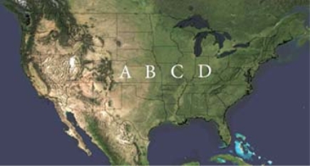 <strong>Which of the following locations would have low July dew-points, primarily because of the rain shadow effect?  </strong> A)A B)B C)C D)D <div style=padding-top: 35px> 
