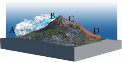 <strong>Given the prevailing wind direction indicated by the arrow, where would you expect air to be cooling at the saturated adiabatic lapse rate?  </strong> A)A B)B C)C D)D <div style=padding-top: 35px> 