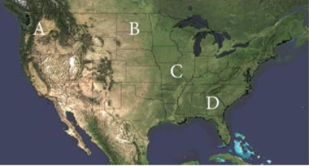 <strong>Which of the following locations experiences the greatest frequency of freezing rain due to the typical storm track of mid-latitude cyclones?  </strong> A)A B)B C)C D)D <div style=padding-top: 35px> 