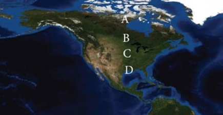 <strong>Which of the following locations would have the lowest January precipitation totals as a result of the air's low water vapor capacity?  </strong> A)A B)B C)C D)D <div style=padding-top: 35px> 