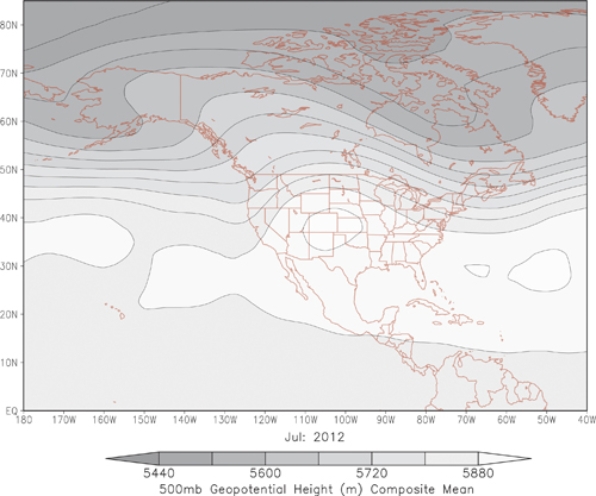 <strong>The 500 mb pressure patterns displayed would bring _________________________ to Texas and the High Plains.  </strong> A)zonal flow which neither suppresses nor supports storms B)a trough of low pressure, supporting storm formation C)zonal flow, supporting storm formation D)a ridge of high pressure, suppressing storm formation <div style=padding-top: 35px> 