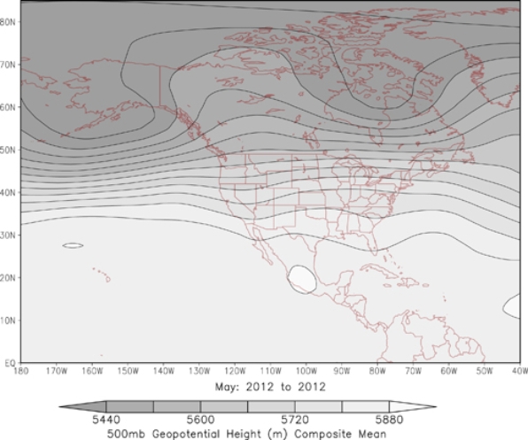 <strong>The 500 mb pressure patterns displayed would bring  _______ to Texas and the High Plains.  </strong> A)zonal flow, neither suppresses nor supports storms B)a trough of low pressure, supporting storm formation C)a ridge of high pressure, suppressing storm formation D)zonal flow, supporting storm formation <div style=padding-top: 35px> 