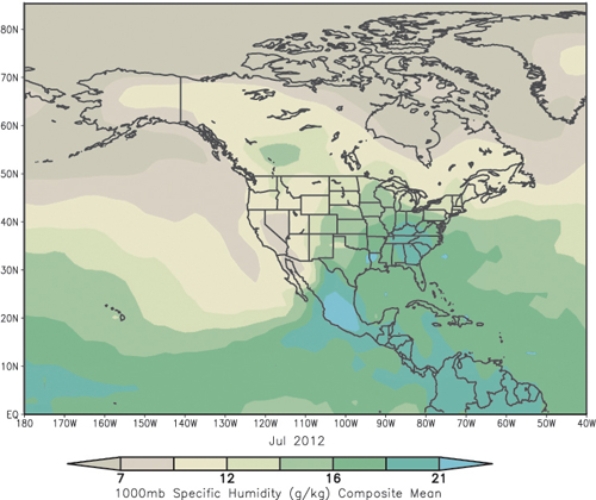 <strong>Observe these two maps of specific humidity, the top from July 2012, the bottom from May 2012.Which condition could account for the observed changes?    </strong> A)July strengthening of the Bermuda-Azores high advecting moisture to the High Plains from the Gulf of Mexico B)May strengthening of the Bermuda-Azores high advecting moisture to the High Plains from the Gulf of Mexico C)July strengthening of the Hawaiian high advecting moisture in a zonal pattern to the High Plains from the Pacific D)May strengthening of the Hawaiian high advecting moisture in a zonal pattern to the High Plains from the Pacific <div style=padding-top: 35px> 