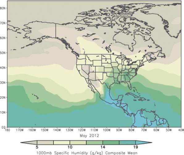 <strong>Observe these two maps of specific humidity, the top from July 2012, the bottom from May 2012.Which condition could account for the observed changes?    </strong> A)July strengthening of the Bermuda-Azores high advecting moisture to the High Plains from the Gulf of Mexico B)May strengthening of the Bermuda-Azores high advecting moisture to the High Plains from the Gulf of Mexico C)July strengthening of the Hawaiian high advecting moisture in a zonal pattern to the High Plains from the Pacific D)May strengthening of the Hawaiian high advecting moisture in a zonal pattern to the High Plains from the Pacific <div style=padding-top: 35px> 