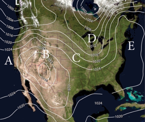 <strong>What location best represents a trough of low pressure?  </strong> A)A B)B C)C D)D E)E <div style=padding-top: 35px> 