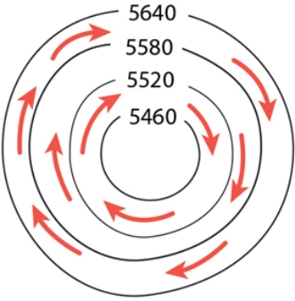 <strong>The isohypses portrayed here show.  </strong> A)high pressure, northern hemisphere. B)low pressure, southern hemisphere. C)low pressure, northern hemisphere. D)high pressure, southern hemisphere. <div style=padding-top: 35px> 