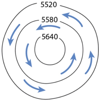 <strong>The isohypses portrayed here show.  </strong> A)high pressure, northern hemisphere. B)low pressure, southern hemisphere. C)high pressure, southern hemisphere. D)low pressure, northern hemisphere. <div style=padding-top: 35px> 