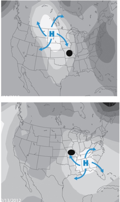 <strong>The dot on this map represents Missouri.Based on your knowledge of the anticyclone's wind direction, how would temperatures change between 2/11/2012 and 2/13/2012?  </strong> A)cooler then warmer B)warmer then cooler C)cold then colder D)temperatures wouldn't change <div style=padding-top: 35px> 