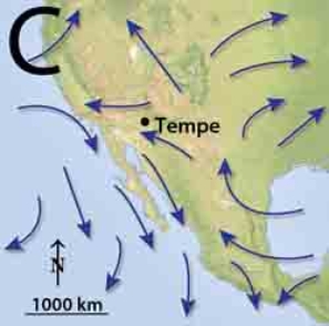 <strong>Which of the following represents the best wind pattern for monsoon precipitation conditions?      </strong> A)A B)B C)C D)none of these choices would bring a maximum for monsoon precipitation <div style=padding-top: 35px> 