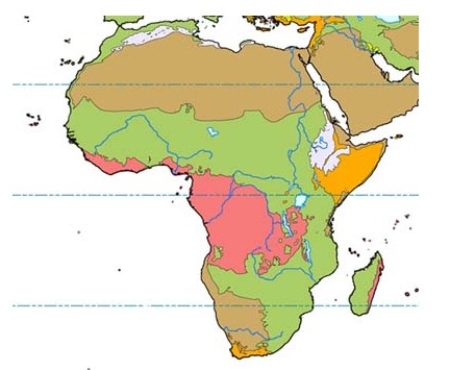 <strong>In the map below,green represents  </strong> A)subtropical scrub and woodland. B)desert. C)rain forest. D)grassland. <div style=padding-top: 35px> 