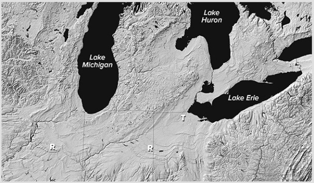 <strong>What is the origin of smooth troughs (T on this figure)cutting across the landscape in the Great Lakes area? </strong> A)The areas were covered by soft marine sediments. B)A huge flood coming from Iowa flowed toward the Great Lakes. C)Glaciers carved out the smooth troughs. D)All of these are correct.
