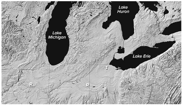 <strong>What is the origin of curved ridges (R on this figure)in the Great Lakes area? </strong> A)Folds produced during a continental collision B)Paths of ancient rivers C)Piles of sediment deposited by retreating glaciers D)Remnants of a meteoroid impact