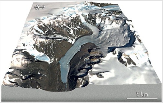 <strong>What type of glacier is shown in the center of this image? </strong> A)Ribbon glacier B)Valley glacier C)Low-elevation glacier D)High-elevation glacier