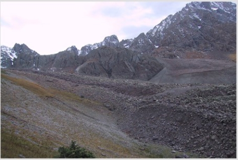 <strong>The feature below has angular rocks on the outside and slowly flowing ice on the inside.It is called a(n) </strong> A)ice glacier. B)nunatak. C)cirque glacier. D)rock glacier.