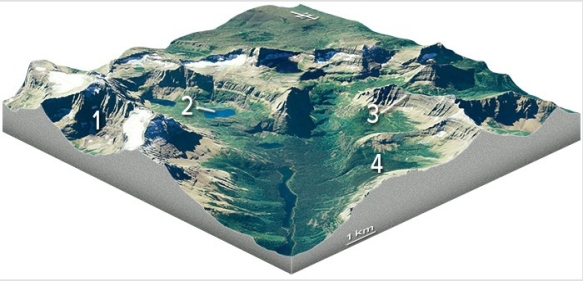 <strong>Which feature on this diagram is a tarn? </strong> A)1,the circular depression at the head of the valley B)2,a lake in the upper valley C)3,a steep ridge D)4,a valley that is above the level of the main valley