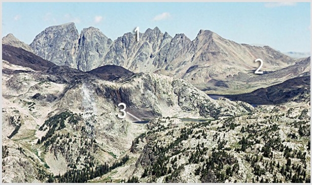 <strong>Which numbered feature(s)on this photograph are consistent with the presence of glaciers sometime in the past? </strong> A)1,an arête B)2,U-shaped valley C)3,tarn D)All of these are correct.