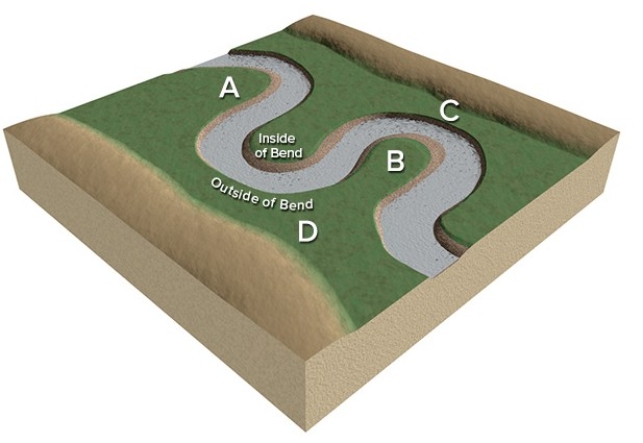 <strong>At which site along this stream would a cut bank form? </strong> A)A B)B C)C D)D