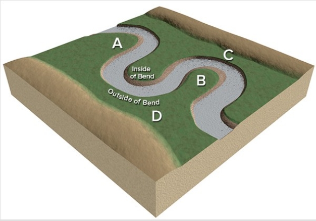 <strong>Which site along this stream would have the highest velocity for that segment of the stream? </strong> A)A B)B C)C D)D