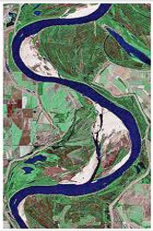 <strong>What type of stream is shown in this figure? </strong> A)Braided stream B)A stream whose channel has a low sinuosity C)Meandering stream D)A stream that lacks point bars E)All of these are correct.