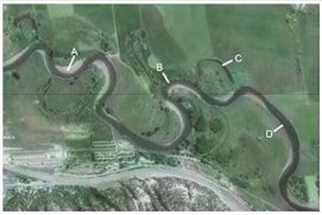 <strong>Which of the features on this aerial photograph is a point bar? </strong> A)A B)B C)C D)D