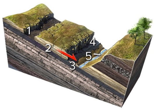 <strong>Which numbered feature on this figure is a scarp? </strong> A)1,a linear or curved scar marking where the slide pulled away from the hill B)2,small fractures within the sliding block C)3,the intact layers below the rock slide D)4,the front of the slide,where it overruns the land surface E)5,a valley or other open space in front of the slide