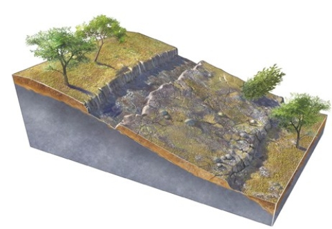 <strong>What type of slope failure is shown in this figure? </strong> A)Rotational slide B)Creep C)Debris slide D)Debris flow E)Rock fall