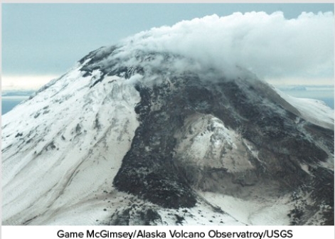 <strong>What type of material likely composes this volcano? </strong> A)Felsic to intermediate lava flows B)Pyroclastic flows C)Volcanic mudflows and landslides D)All of these are correct.