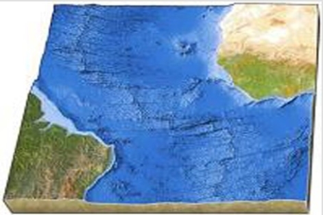 <strong>On this map of the south Atlantic,what is the feature that makes a zigzag pattern on the seafloor? </strong> A)Island arc B)Linear island chain C)Subduction zone D)Midocean ridge E)None of these are correct.