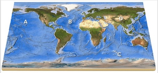 <strong>On this map,identify the letter that is over the Atlantic Ocean. </strong> A)A B)B C)C D)D E)Feature is not labeled.
