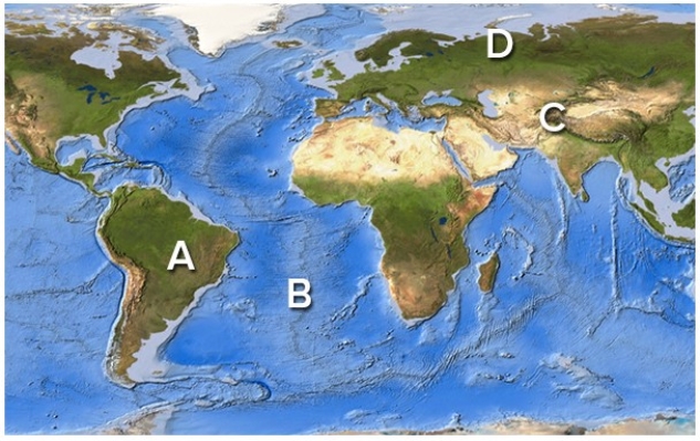 <strong>Which areas on this world map are likely to be near a plate boundary? </strong> A)A and B B)A and D C)B and D D)C and D E)A,B,and C