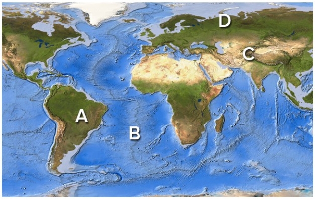 <strong>Which area(s)on this world map is likely to have earthquakes? </strong> A)A B)B C)C D)D E)A,B,and C only