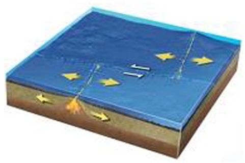 <strong>What type of plate boundary is depicted by the smaller arrows in the center of this figure? </strong> A)Divergent boundary B)Convergent boundary C)Transform boundary D)Hot spot E)None of these are correct.