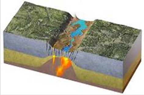 <strong>What type of plate boundary is depicted in this figure? </strong> A)Continental rift B)Ocean-ocean convergent boundary C)Ocean-continent convergent boundary D)Divergent and transform boundaries E)Continental collision