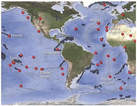 <strong>The red dots that coincide with volcanically active island chains shown on the map are called </strong> A)hot spots. B)midocean ridges. C)abyssal plains. D)island arcs.