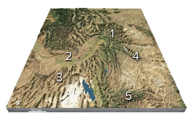 <strong>Which feature is interpreted to be in the Yellowstone region (1)? </strong> A)A continental collision B)A meteorite impact C)A continental hot spot D)A foreland basin