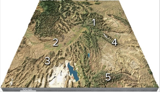 <strong>On this map of the area around Yellowstone,which feature is interpreted to record the position of the hot spot over time? </strong> A)2,The Snake River Plain B)3,The Uinta Mountains C)4,The Bonneville Salt Flats D)All of these are correct.