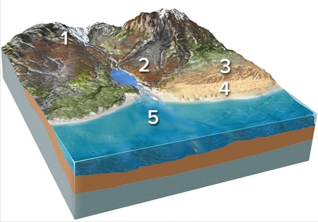 <strong>Which of the following locations would contain a wide variety of sediment,from large angular blocks to fine rock powder,produced from grinding of the rocks?  </strong> A)Location 1,along the margins of a glacier B)Location 2,along a steep mountain front C)Location 3,in sand dunes D)Location 4,along a beach E)Location 5,on relatively deep seafloor <div style=padding-top: 35px> 