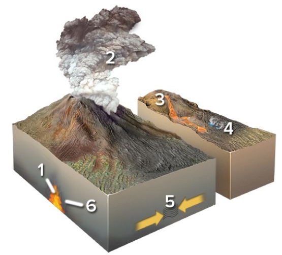 <strong>Which of the following locations would form a hydrothermal rock?  </strong> A)Location 1 B)Location 2 C)Location 3 D)Location 4 E)Locations 2 and 3 <div style=padding-top: 35px> 