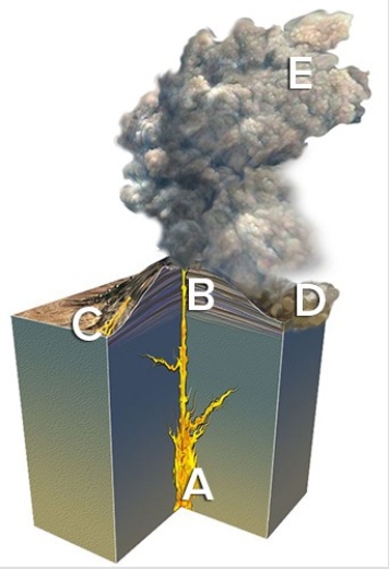<strong>The site on the figure below that would mostly likely form a rock that is fine grained (has small crystals but is not glassy)is  </strong> A)A. B)B. C)C. D)D. E)E. <div style=padding-top: 35px> 