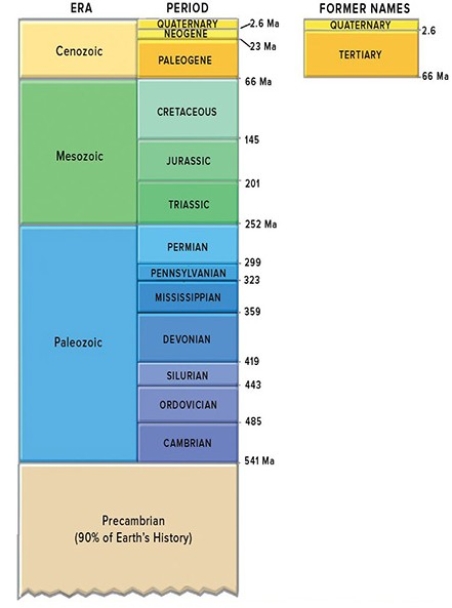 This figure shows the geologic timescale.Which period listed below would be part of the Cenozoic?