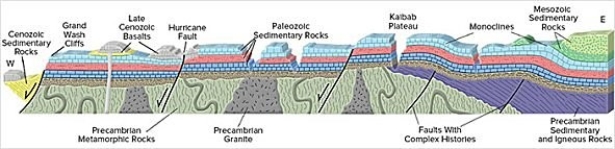 From this cross section of the Grand Canyon,the oldest rocks or structures are the