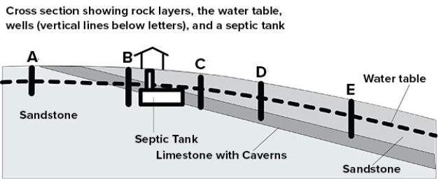 <strong>This cross section shows the location of a septic tank with harmful bacteria and 5 wells.Which well is least likely to become contaminated?  </strong> A)Well A B)Well B C)Well C D)Well D E)Well E <div style=padding-top: 35px> 