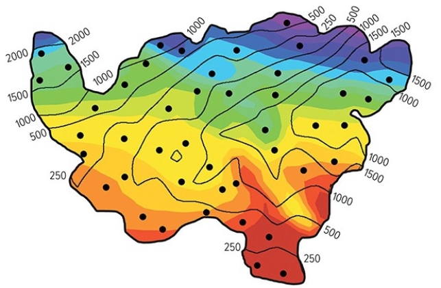 <strong>Colors on this map of an imaginary country represent mean annual temperatures (reds above 28 degrees Celsius,blue and purple below 0 degrees Celsius). In classifying the climate of this imaginary country,the hottest and driest areas are in the </strong> A)northeast. B)southeast. C)southwest. D)northwest.