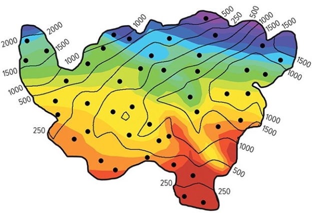 <strong>Colors on this map of an imaginary country represent mean annual temperatures (reds above 28 degrees Celsius,blue and purple below 0 degrees Celsius). In classifying the climate of this imaginary country,the wettest and coolest areas are in the </strong> A)northeast. B)southeast. C)southwest.