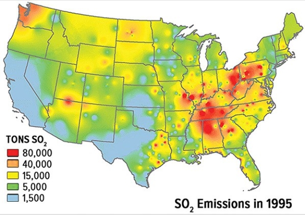 <strong>The SO₂emissions displayed in this map derive mainly from the </strong> A)automobile emissions from point sources. B)automobile emissions from nonpoint sources. C)burning of coal from point sources. D)burning of coal from nonpoint sources.