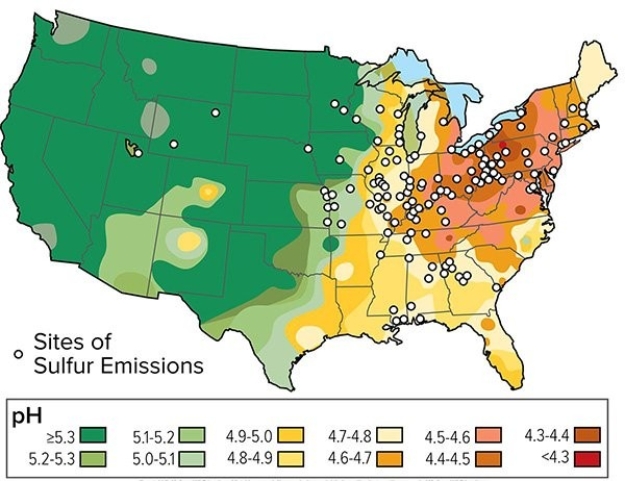 <strong>What does this map show about acid rain (low PH)? </strong> A)California suffers from of high levels of acid rain. B)The Gulf Coast suffers from the highest levels of acid rain. C)The Northeast has high levels of acid rain.