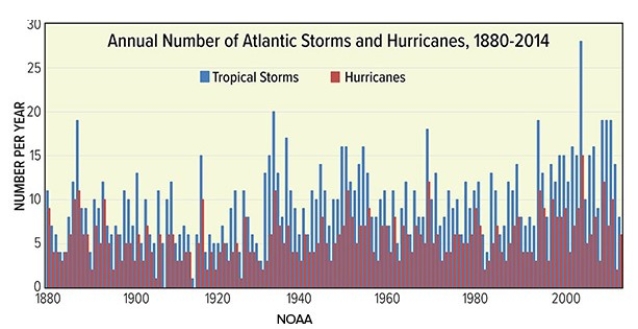 <strong>The accompanying graph shows the number of Atlantic hurricanes since the 1880s.Based on when most global warming has occurred,one would conclude </strong> A)short duration hurricanes have increased in frequency. B)all hurricanes have increased in frequency. C)moderate duration hurricanes have increased in frequency. D)no trends are apparent from this graph.