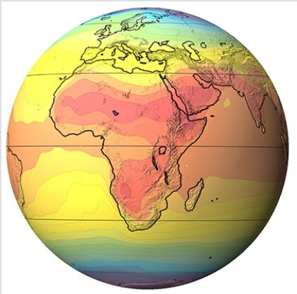 <strong>This globe,from the opening two-page spread of the Climate chapter,shows average annual temperature (warmest is red,coolest is purple).What feature corresponds with the areas with the warmest temperatures? </strong> A)Equator B)Subtropics C)Mid-latitude D)High latitudes
